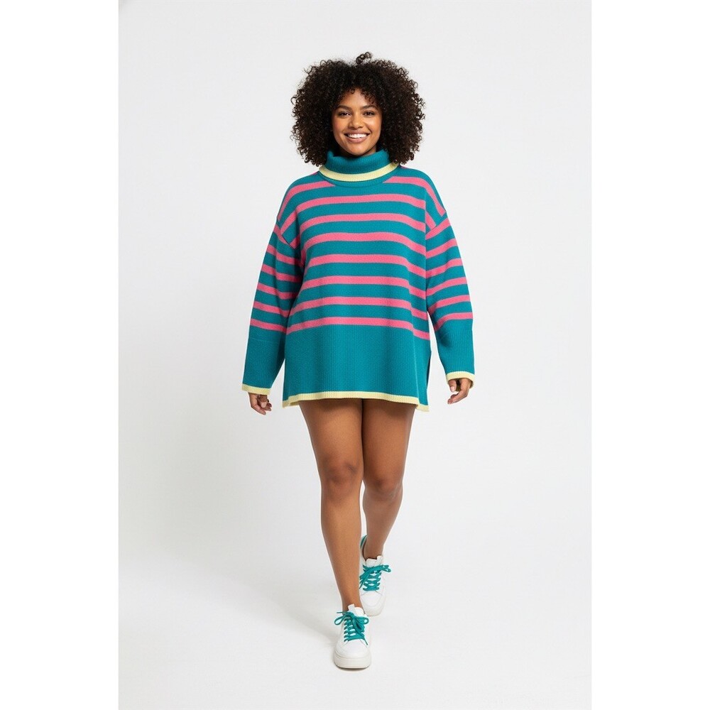 Agseem Sweater Womens 2XL Plus Oversized Turtleneck Teal Striped